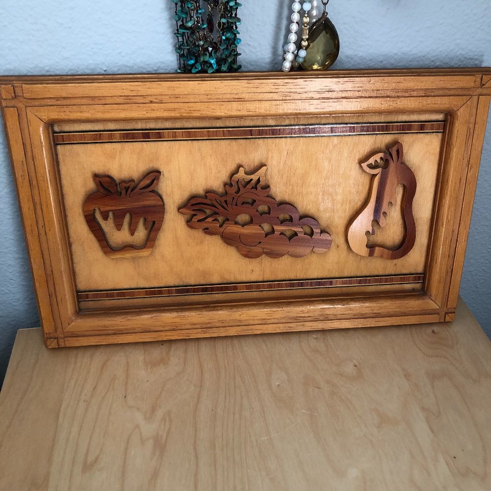 Vintage MCM Wood Fruit Cut Wall Hanging
